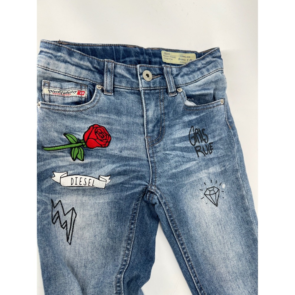 Diesel Kid Girls Super Slim Skinny Jeans Blue Embellished/Embroidered Size 8 - Picture 2 of 12